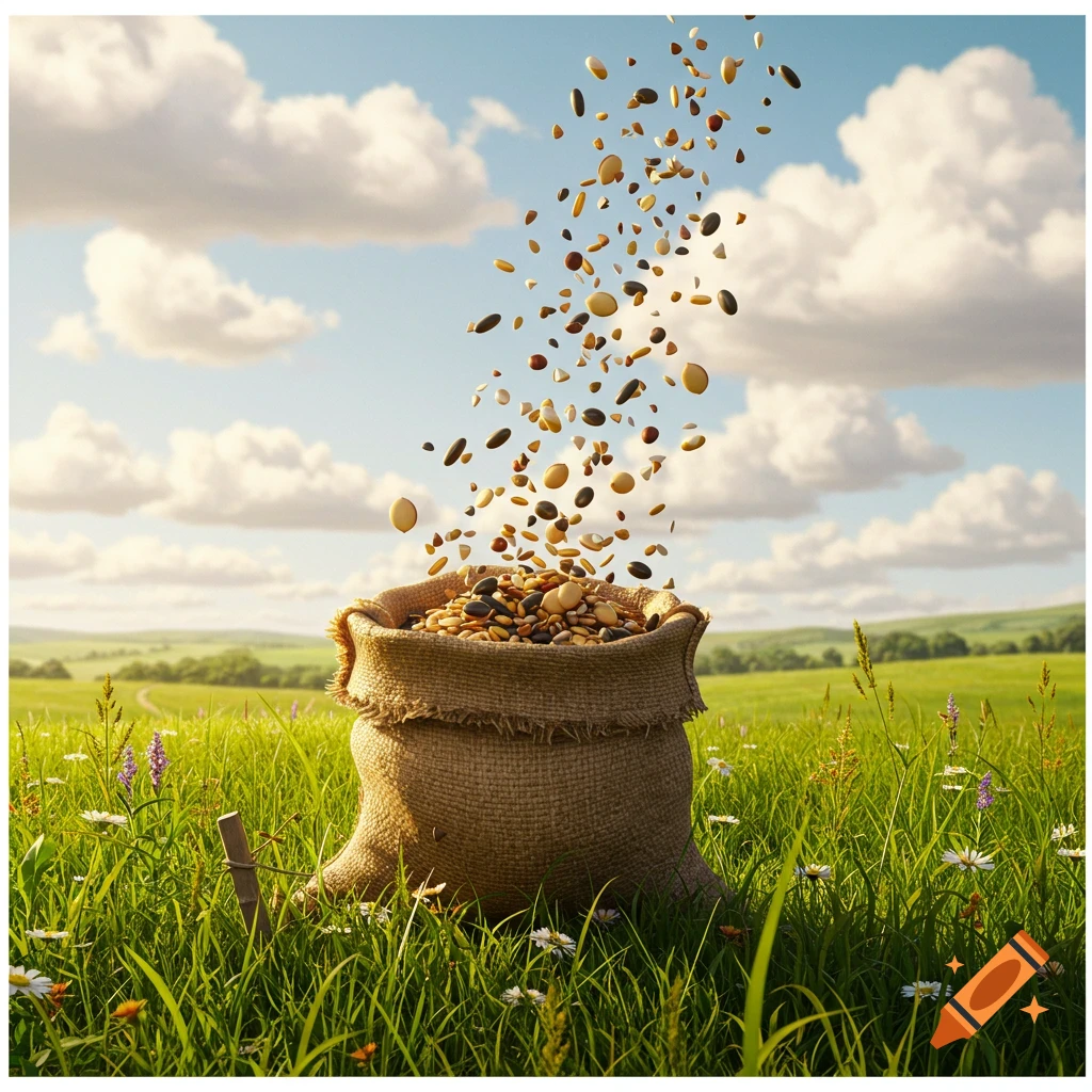 A burlap sack full of various seeds sits in a vibrant green field with seeds raining into it under a cloudy sky.