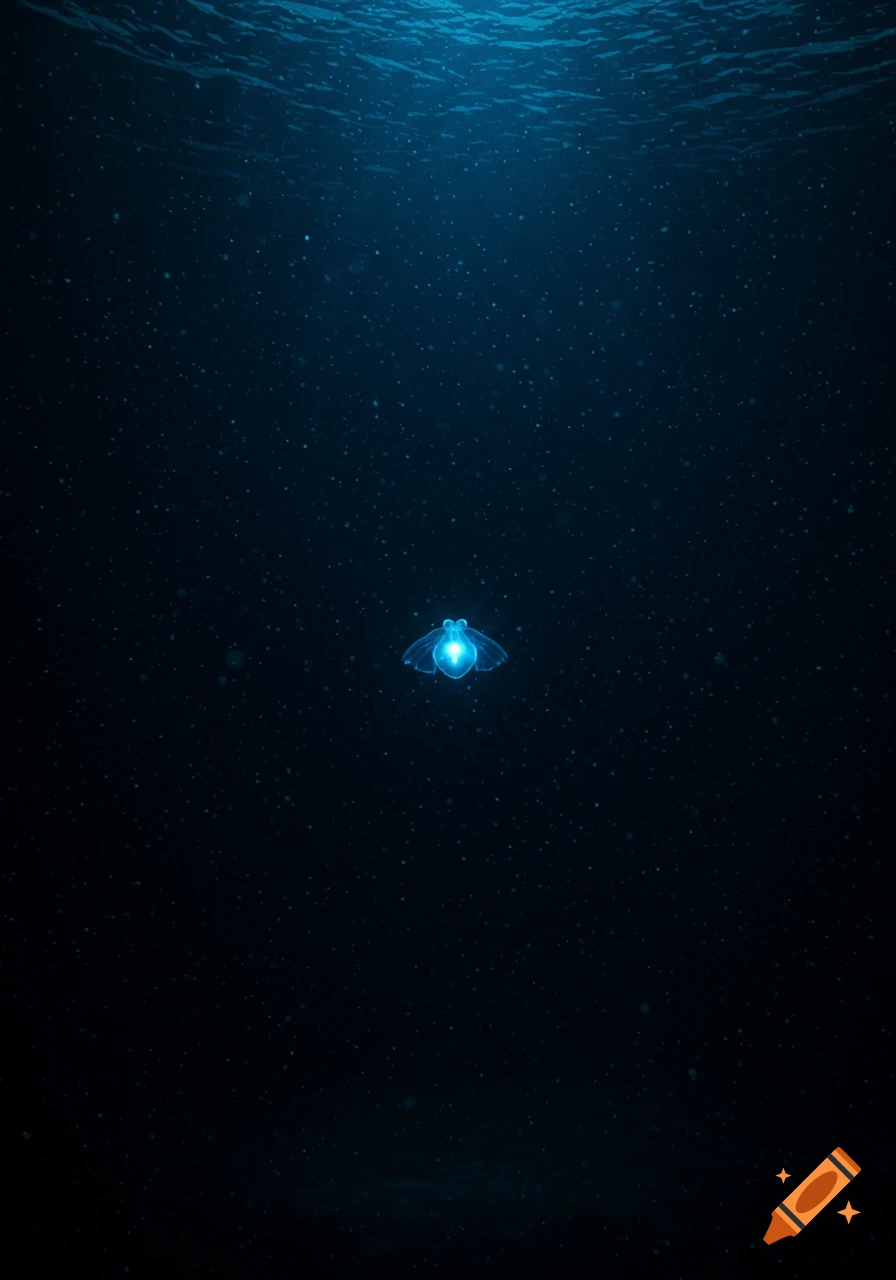 A bioluminescent clione floats in the deep blue ocean amidst tiny drifting particles, with light filtering from above.