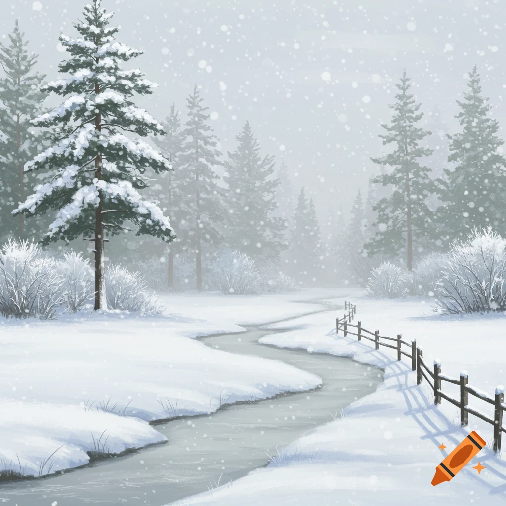 A serene winter landscape illustration with snow-covered pine trees, a winding stream, a rustic fence, and falling snow.