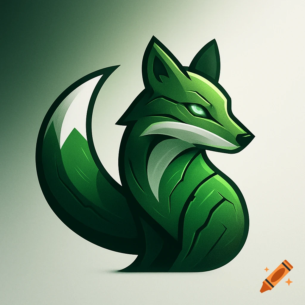 A stylized green and white fox logo with glowing green eyes, looking to the right, on a light gradient background.