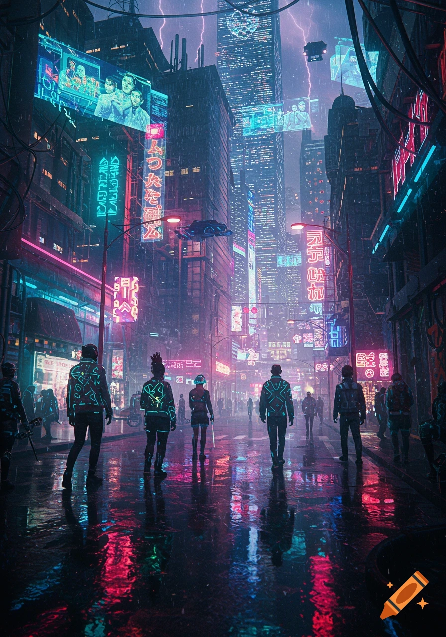 A rainy cyberpunk city street at night, with people walking away from the viewer, illuminated by neon signs reflecting on the wet ground.