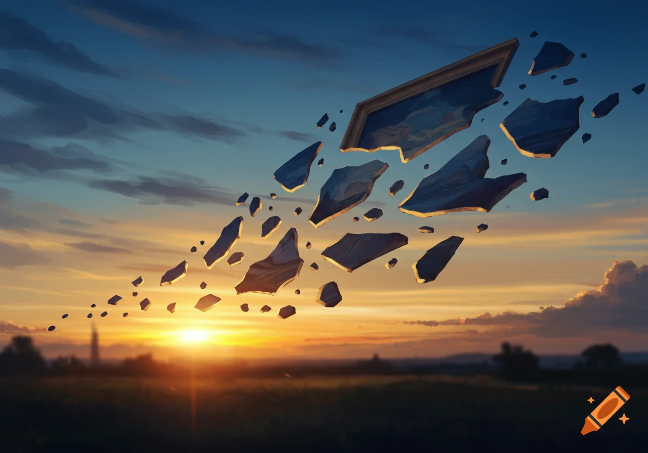 A fragmented painting, its pieces floating away against a vibrant sunset over a field.