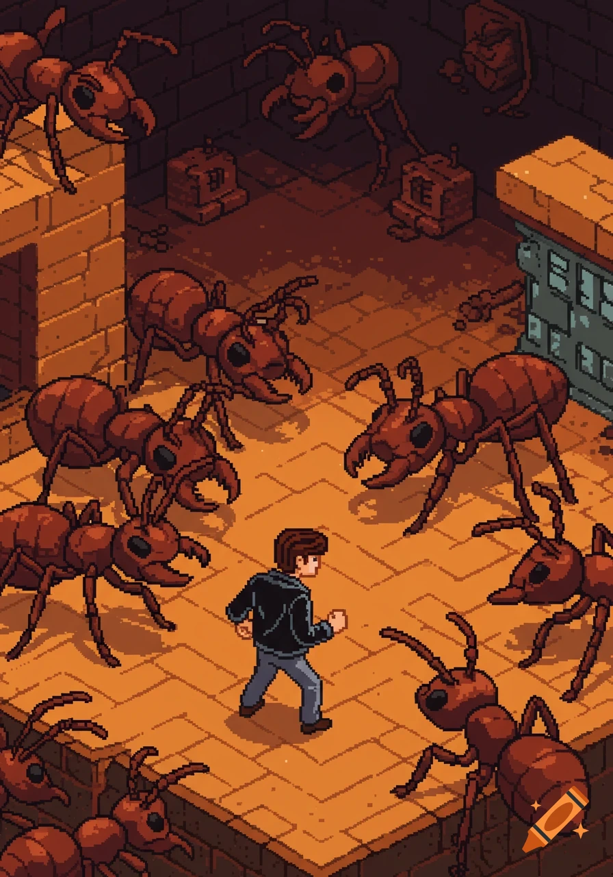 A pixel art scene from an isometric perspective depicts a boy in a room surrounded by giant, menacing ants.