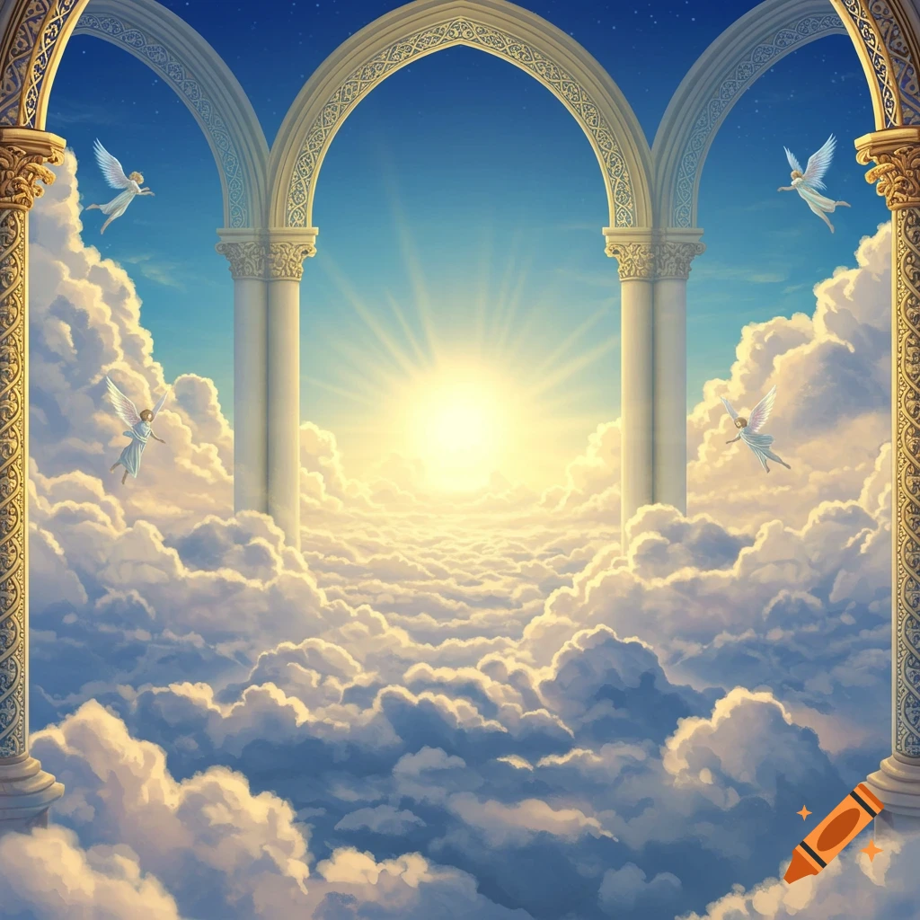 A heavenly scene with a bright sunburst over an expanse of clouds, framed by ornate arches and columns, with four angels flying.
