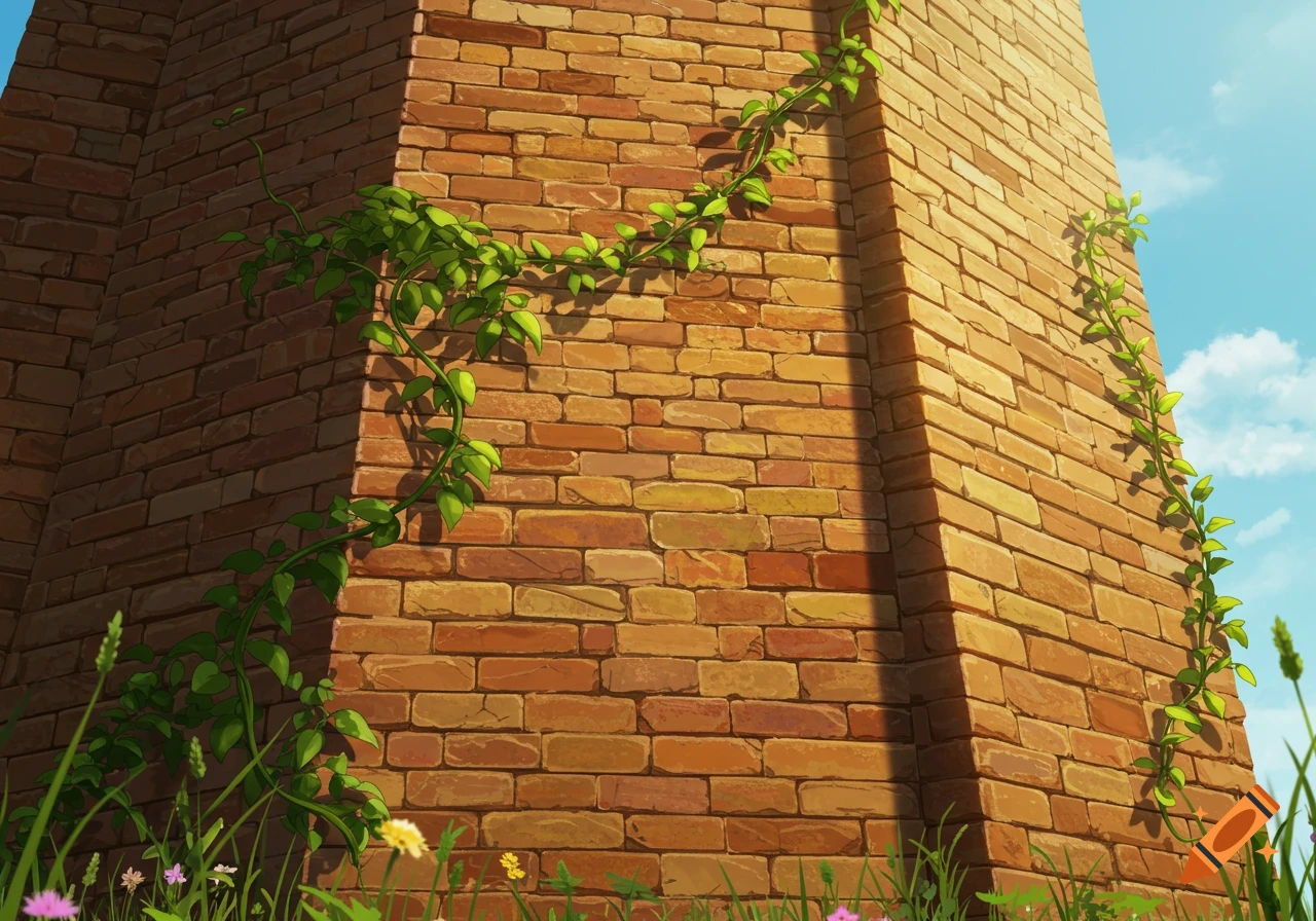 A tall brick wall covered in green ivy and small flowers, under a blue sky, in an illustrated style.