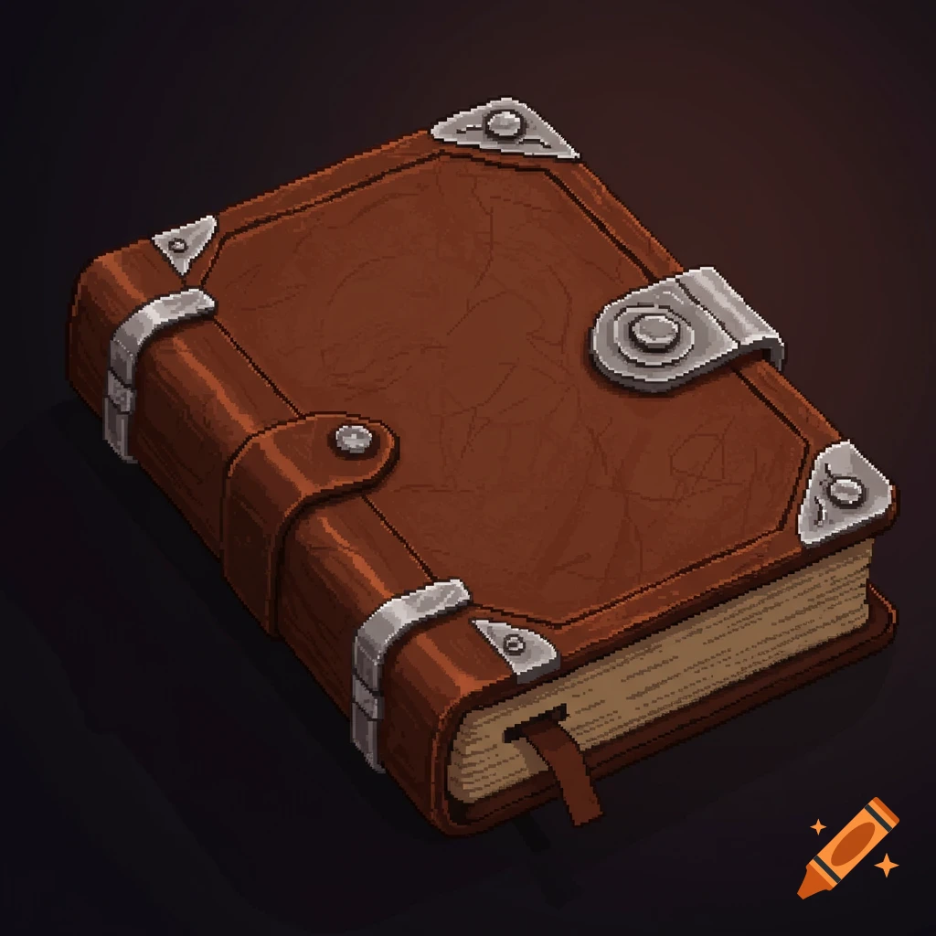 A pixel art icon of a detailed fantasy-style brown leatherbound journal with a silver clasp on a dark background.