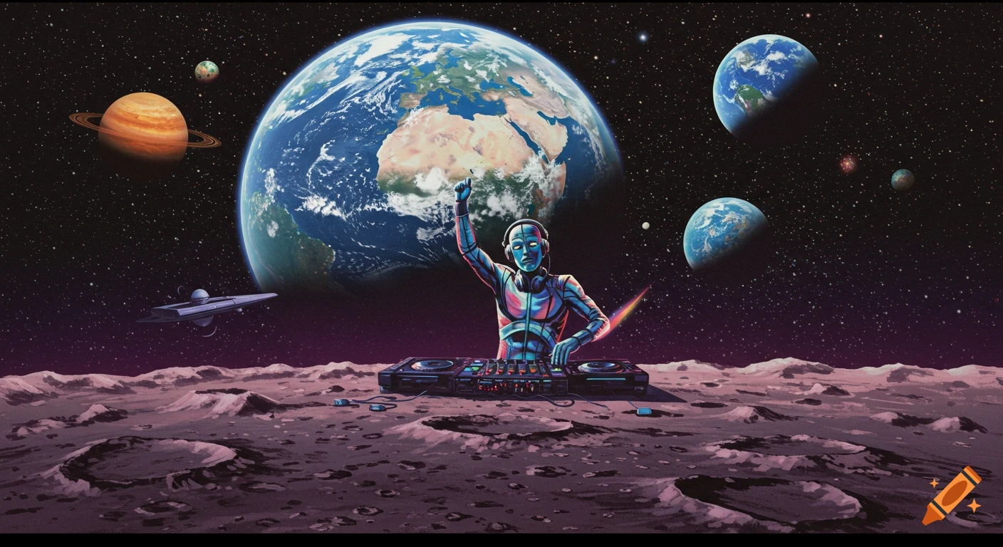 A retro-futuristic robot DJ with headphones mixes music on the moon, with Earth and other planets in the starry background.