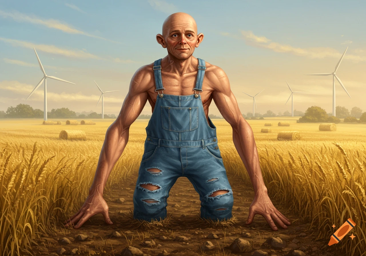 A surreal, bald man with extremely long arms and short legs kneels in a golden wheat field with wind turbines and hay bales.