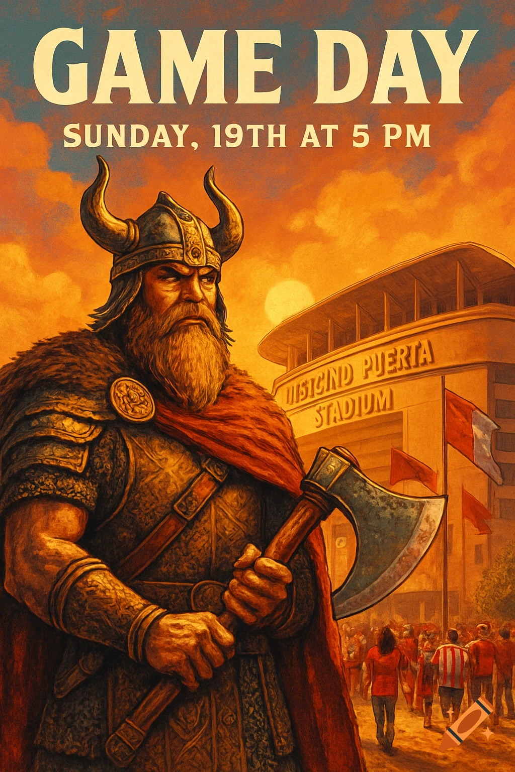 A stylized poster with a viking warrior holding an axe, standing in front of a stadium under an orange sky, with 'GAME DAY' text.