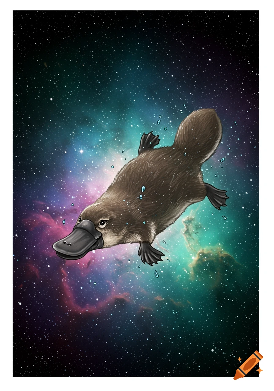 A platypus with dark fur and a wide bill floats gracefully through a vibrant cosmic galaxy with colorful nebulae and stars.