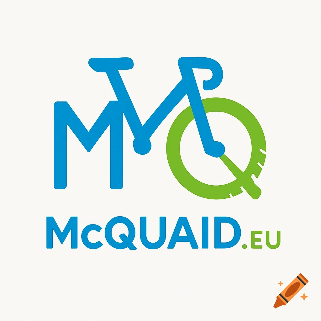 A blue and green logo for McQUAID.EU cycling, with an M and Q stylized as a bicycle.