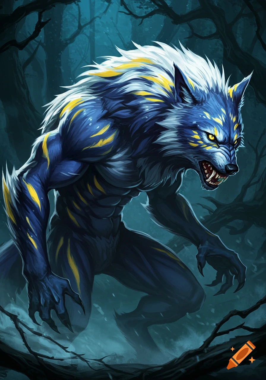 A fierce blue, white, and yellow werewolf with glowing eyes snarls in a dark, stylized forest.