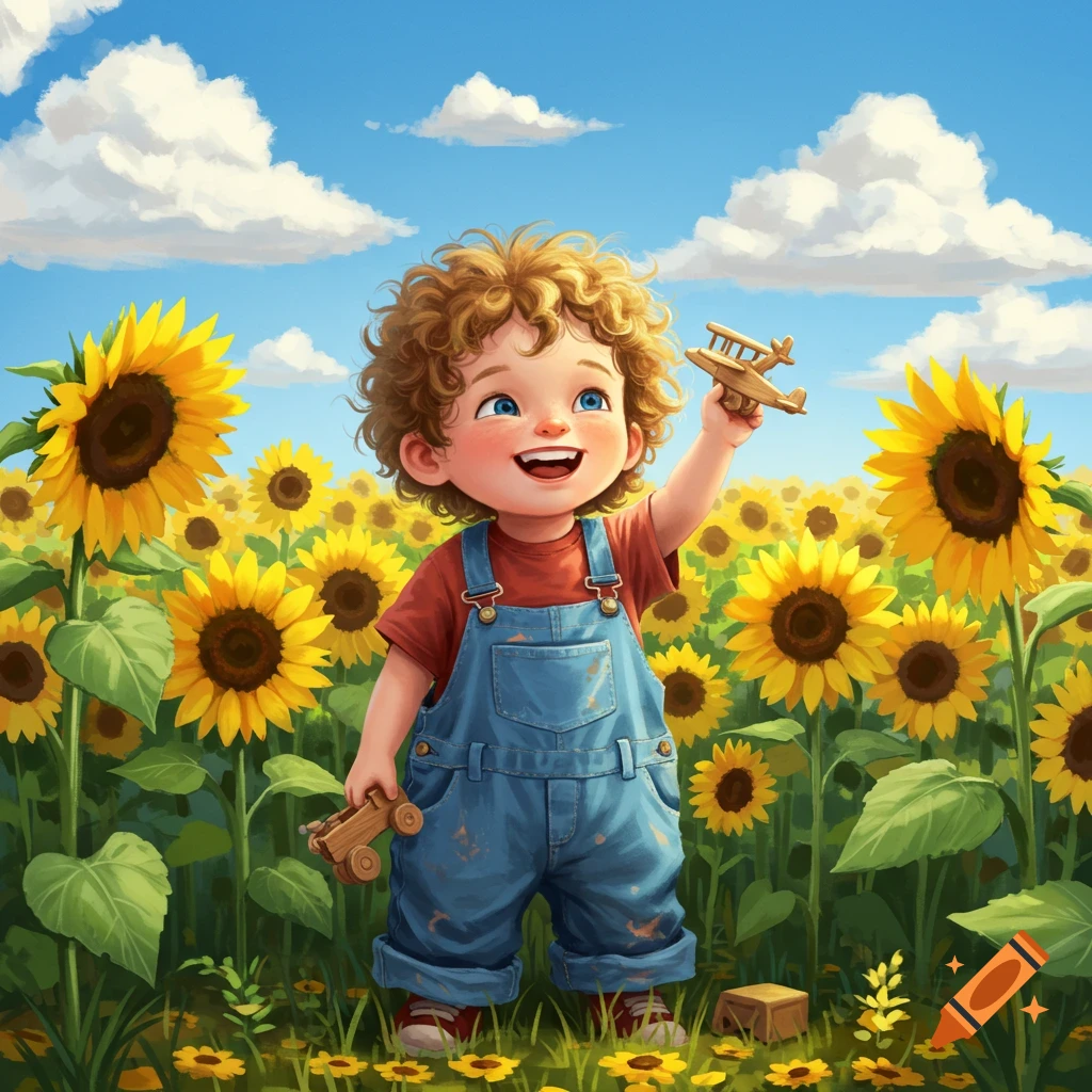 A happy cartoon toddler with curly hair plays with wooden toys in a vibrant sunflower field under a blue sky.