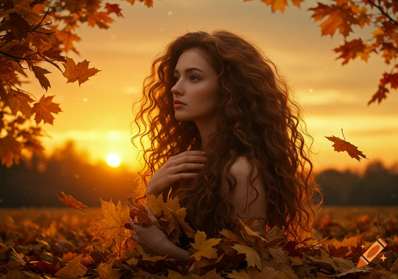 Photorealistic portrait of a red-haired woman with curly hair among golden autumn leaves at sunset.
