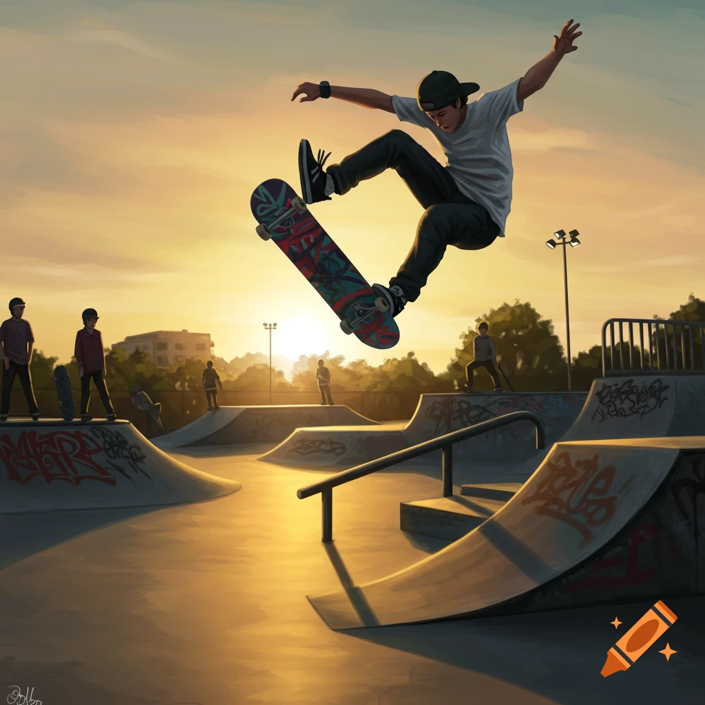 An illustrated male skater performs a kickflip in a vibrant skate park at sunset, with other skaters and graffiti-covered ramps.
