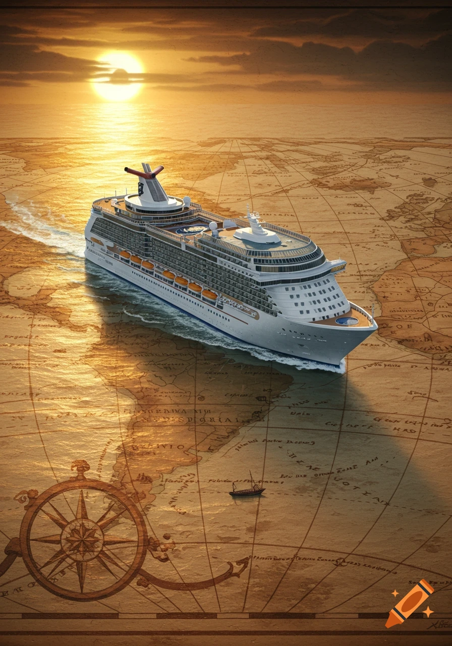 A large cruise ship sails across a vintage world map, casting a shadow on the golden, sunlit water as the sun sets.