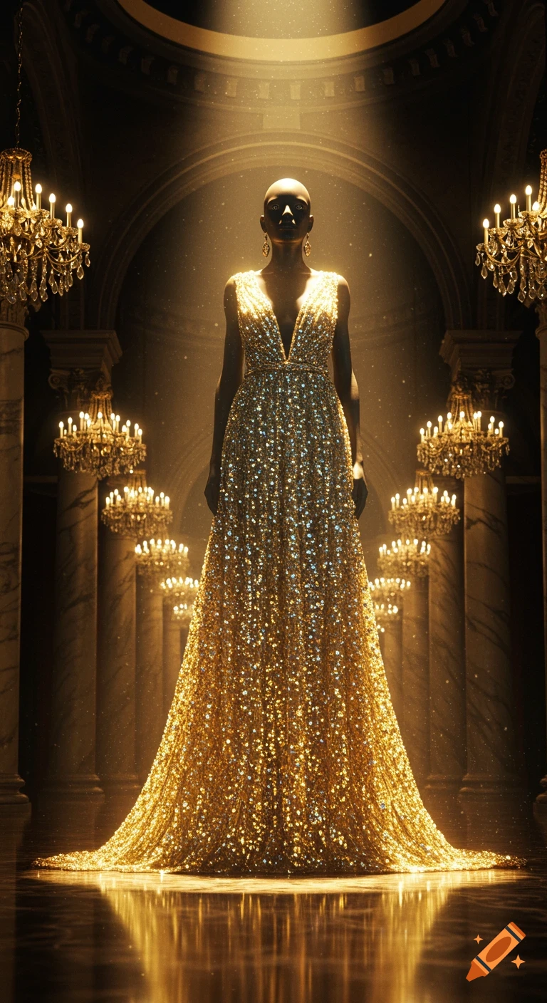 A mannequin-like figure in a long, gold sequin dress stands dramatically under a spotlight in a grand, dark hall with chandeliers.