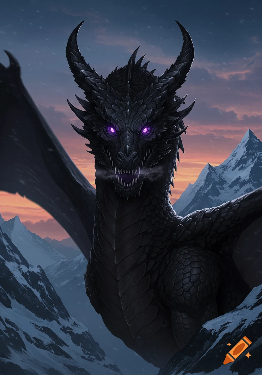 A black dragon with glowing purple eyes and steam exhaling from its mouth, in a snowy mountain landscape at twilight.