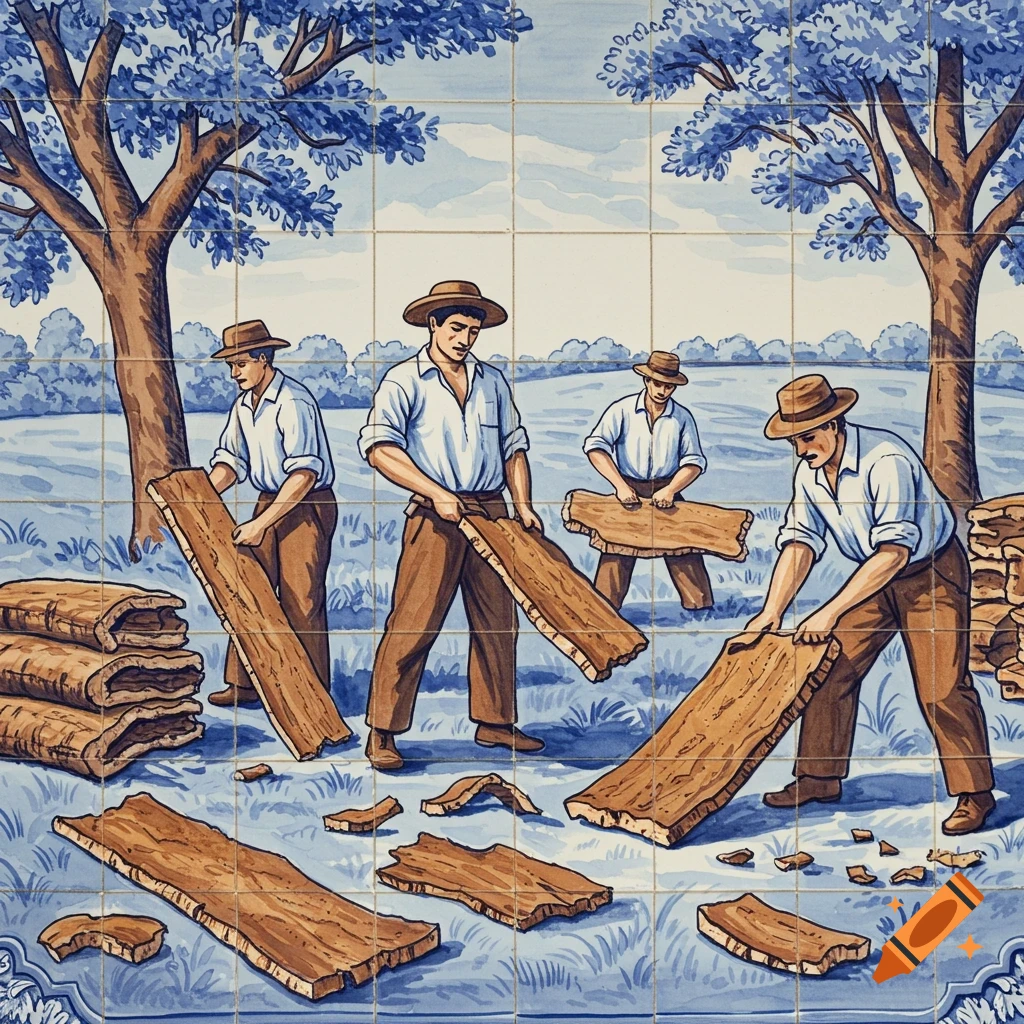 Four Portuguese workers extract cork bark from trees in a blue and white tile art illustration.