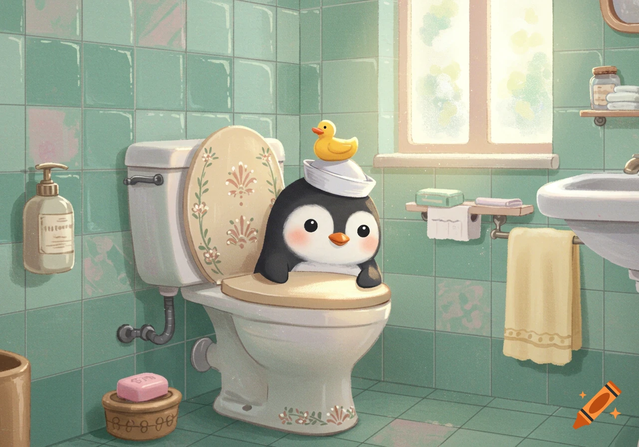 Cute cartoon penguin in a sailor hat with a rubber duck on its head, peeking over a toilet in a mint green bathroom.
