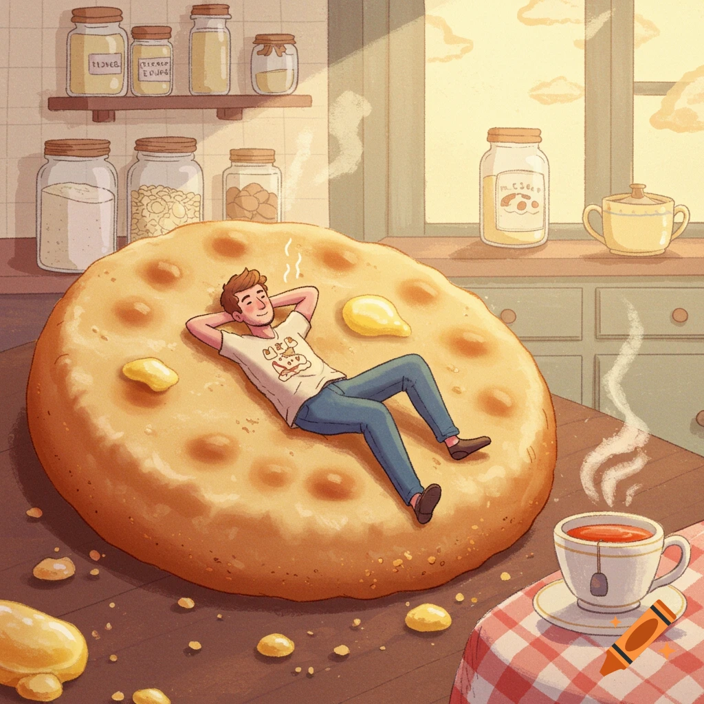 A cartoon man relaxes on a giant biscuit with butter pats on a kitchen counter, next to a cup of tea in a sunlit kitchen.