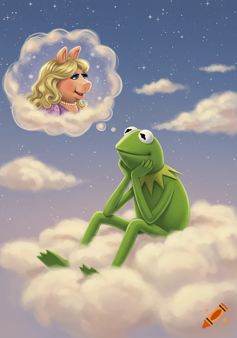Kermit the Frog sits on a cloud in a starry night sky, looking up at a thought bubble with Miss Piggy's face.