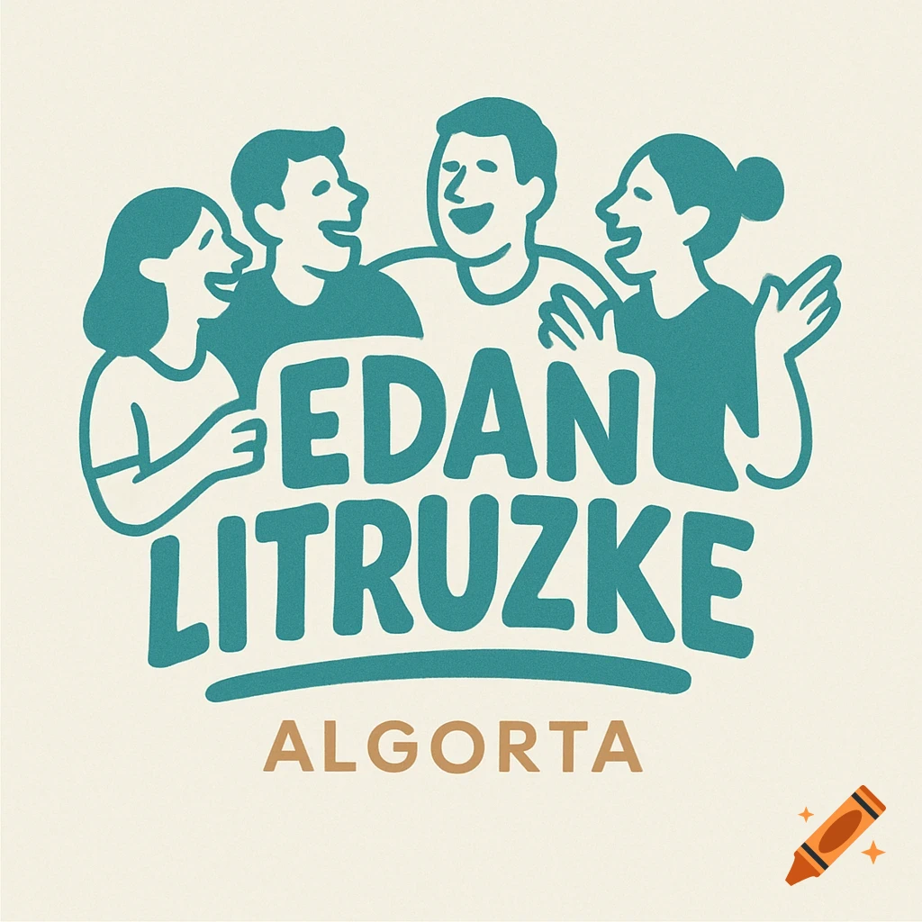 An illustration of two men and two women in teal, smiling above the text 'EDAN LITRUZKE' and 'ALGORTA' on a cream background.