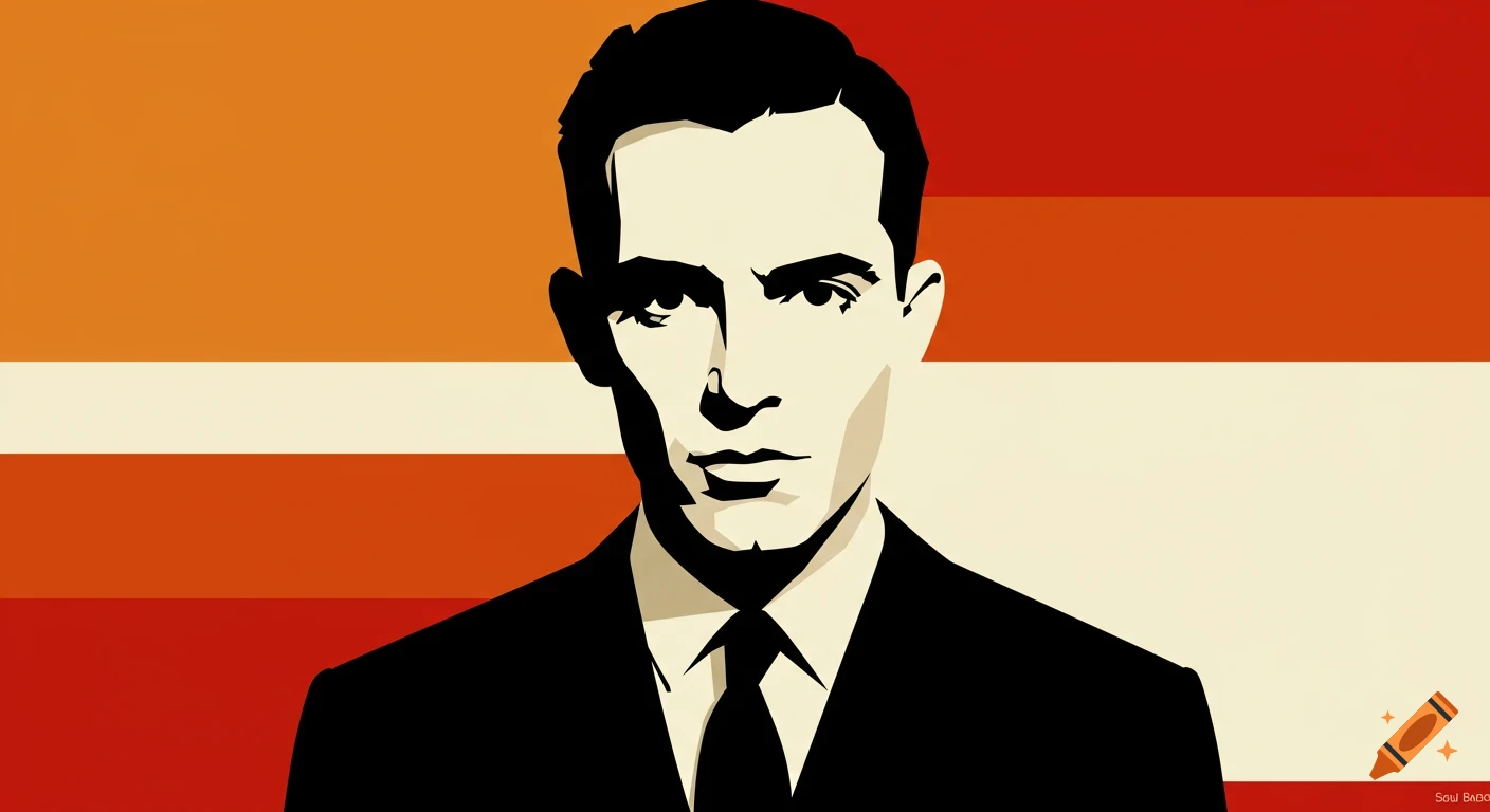 Saul Bass style minimalist portrait of a man in a suit against an orange, white, and red striped background.