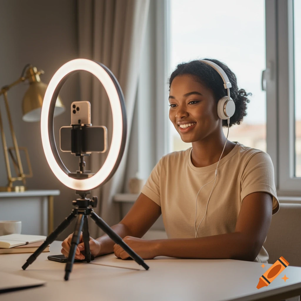 A smiling young Black woman in headphones records a video with a ring light and smartphone on a tripod in a modern home office.