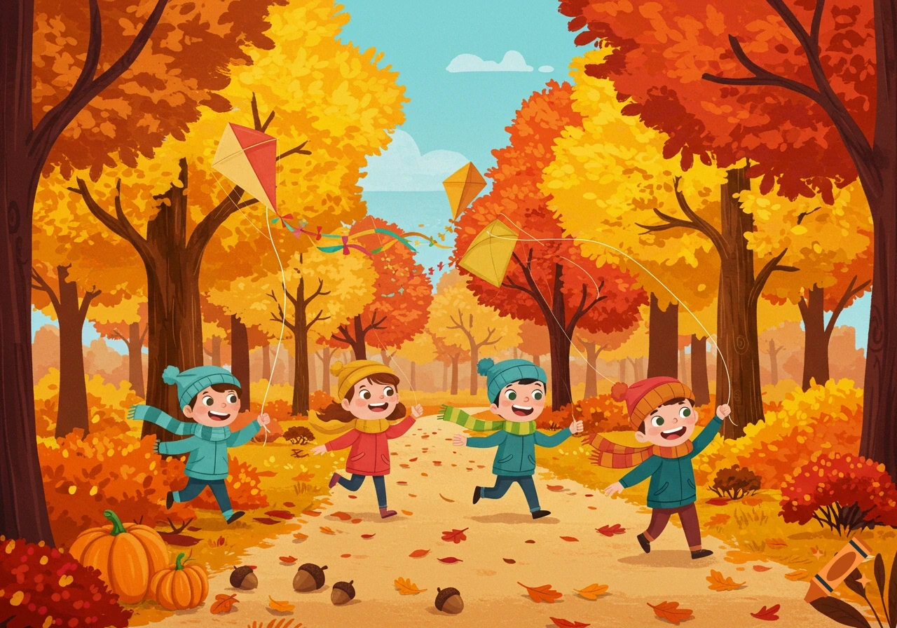 Four cheerful cartoon children run through an autumn forest, flying colorful kites amidst red and orange trees, fallen leaves, pumpkins, and acorns.