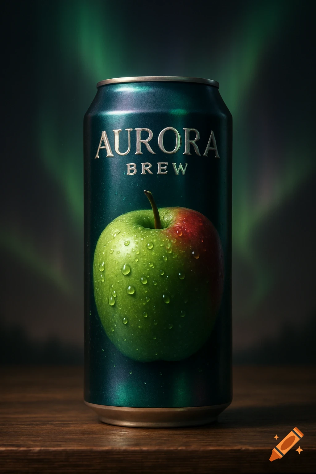 A photorealistic product shot of a dark teal can labeled "AURORA BREW" featuring a dew-kissed green and red apple, set on a wooden surface against a dark, northern lights-inspired background.