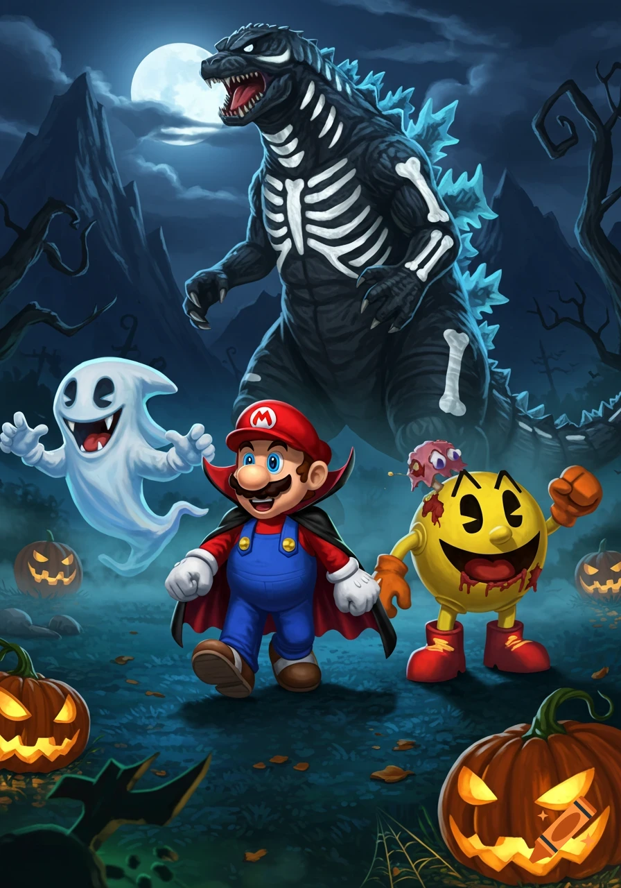 Mario in a vampire costume, a Boo ghost, and a zombie Pac-Man walk with a skeleton Godzilla in a spooky, moonlit Halloween scene with jack-o'-lanterns.