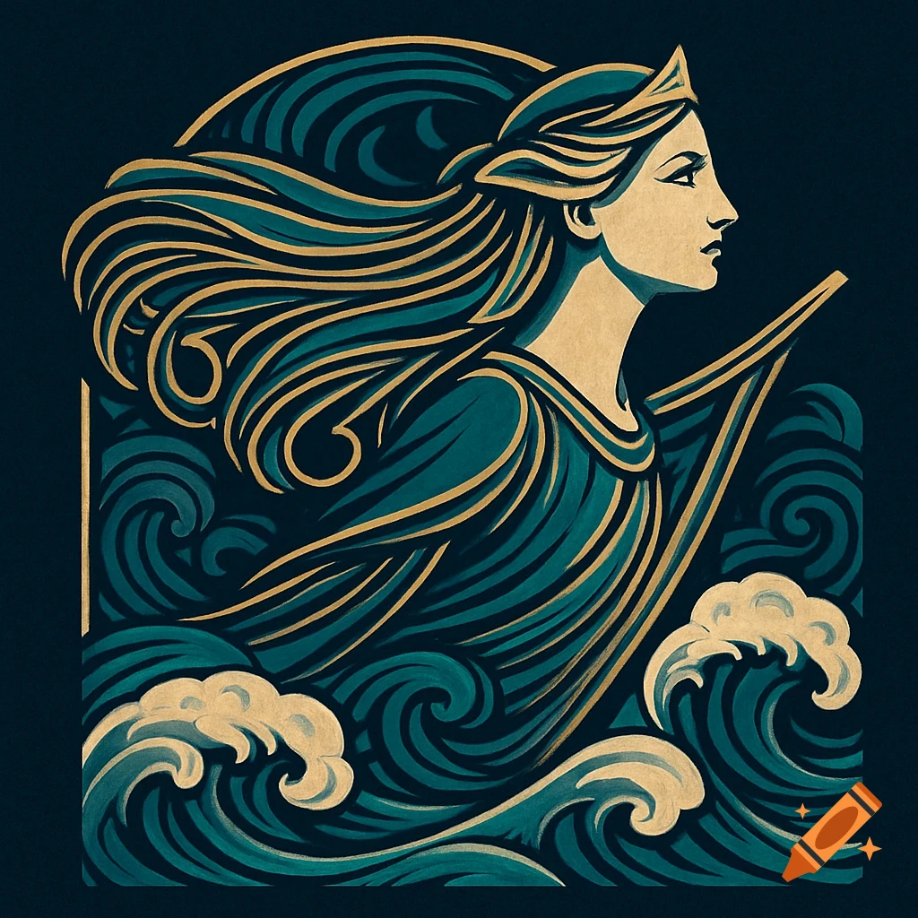 Stylized Art Nouveau profile of a woman with flowing hair, resembling a ship's figurehead, surrounded by golden and teal waves.