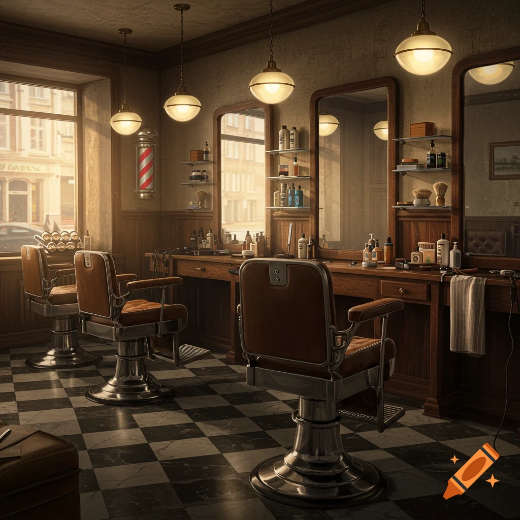 A photorealistic vintage barbershop interior with checkered floors, wooden desks, and three brown leather chairs, sunlight streaming through a large window.