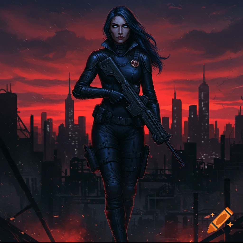 A stoic woman in a black tactical suit holds a rifle, standing before a dystopian cityscape under a dramatic red sky.