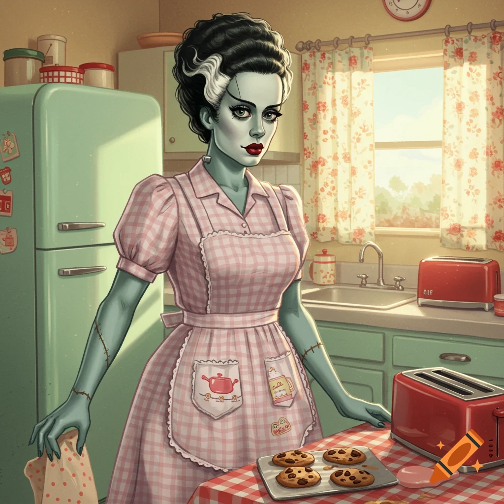 A retro illustration of the Bride of Frankenstein as a 1950s housewife in a kitchen, holding a towel and standing by a tray of cookies.