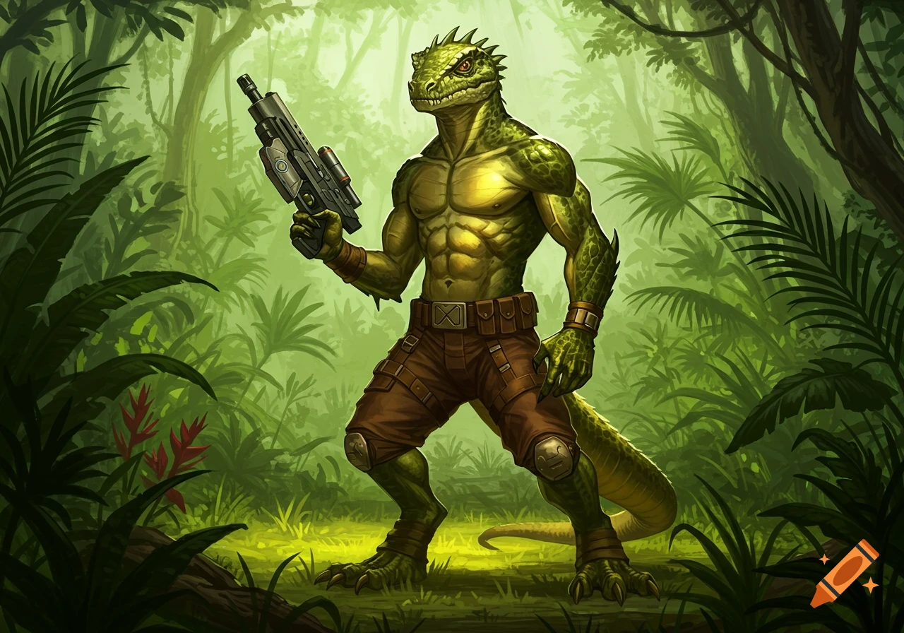 A muscular, green anthropomorphic lizard-dragon stands in a jungle, holding a sci-fi blaster.