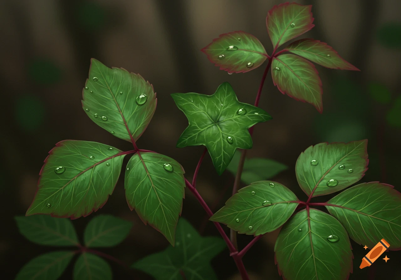 A close-up of green leaves with reddish stems and edges, covered in clear water droplets, against a dark, blurred background. One leaf is star-shaped.