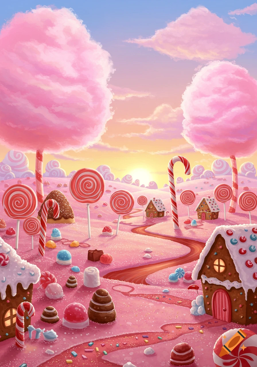 A vibrant, whimsical candy land illustration featuring pink cotton candy trees, lollipops, gingerbread houses, and candy paths at sunset.