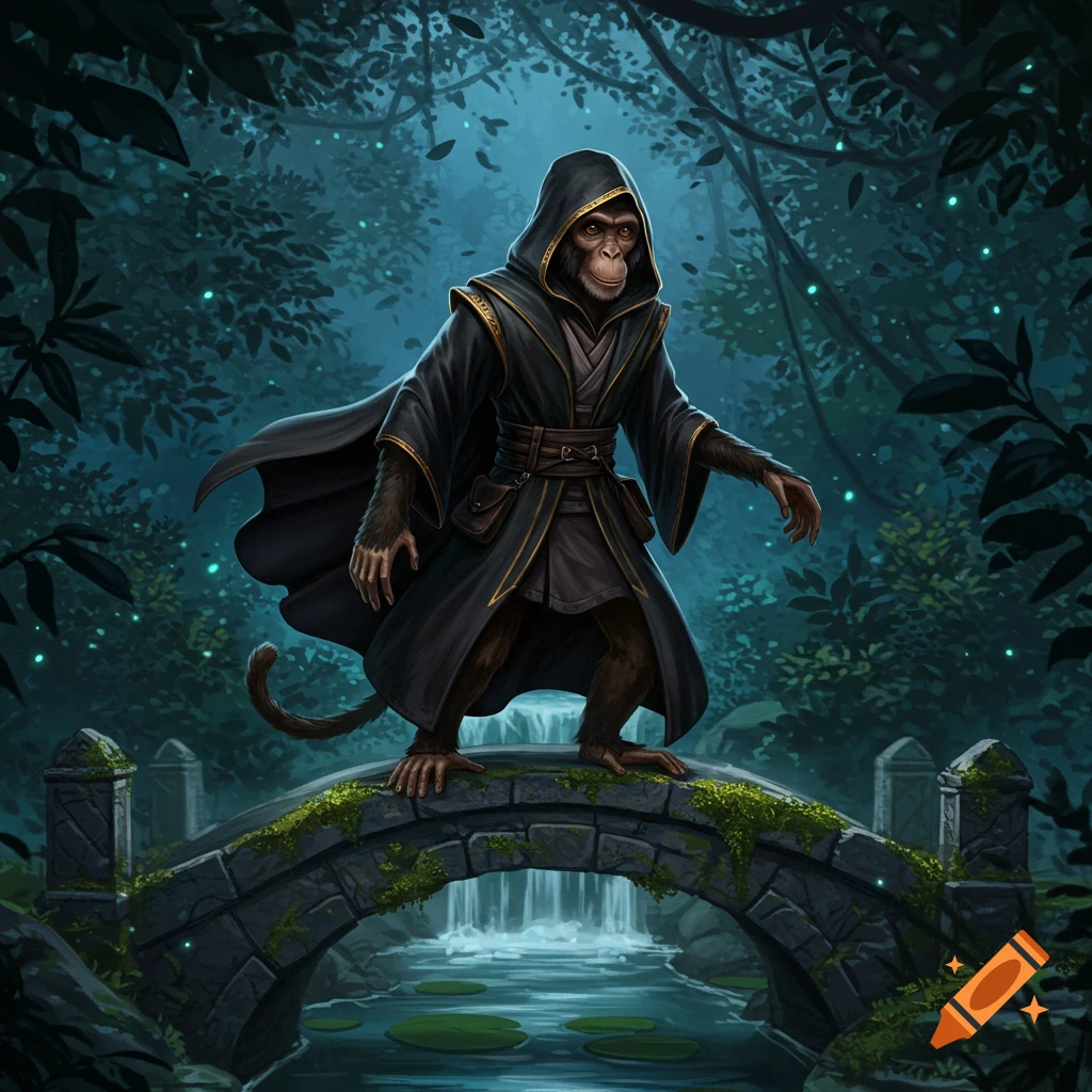 A hooded monkey-like rogue in a dark robe stands on a mossy stone bridge in a mystical dark forest.