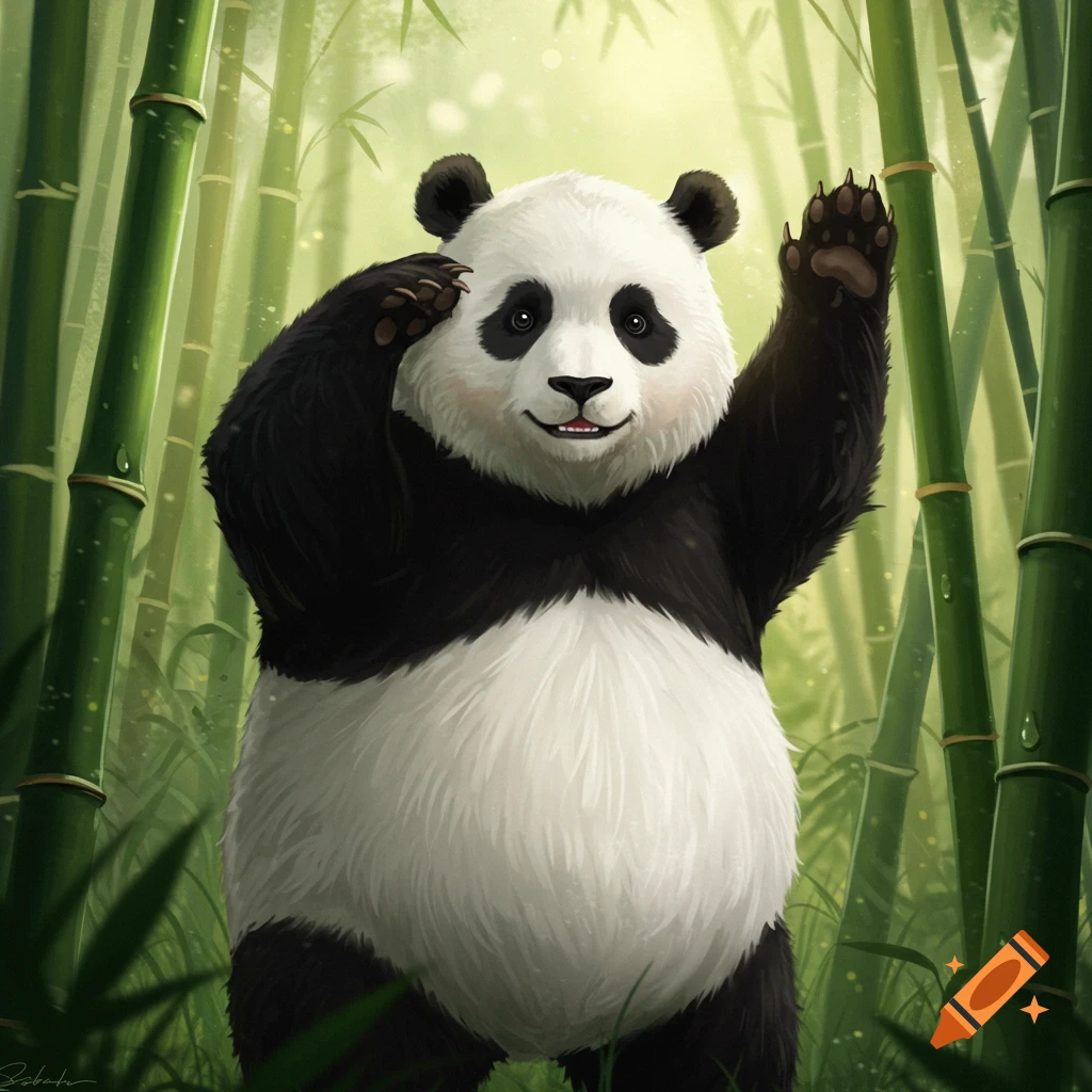 A happy digital illustration of a panda waving its paw in a bright bamboo forest.