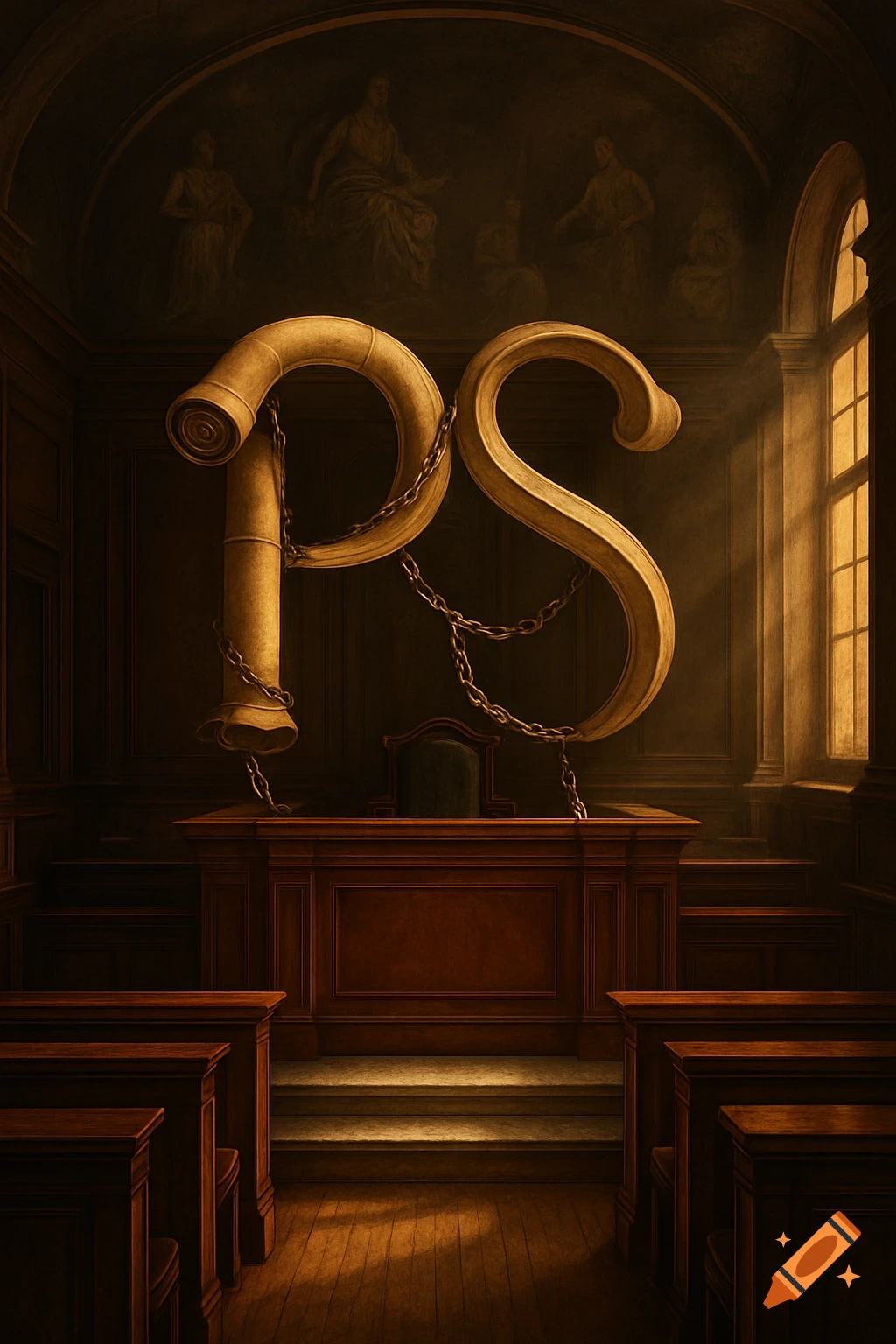 Large, golden, chained 'PS' letters dominate a dark, grand courtroom, illuminated by light from a tall window.