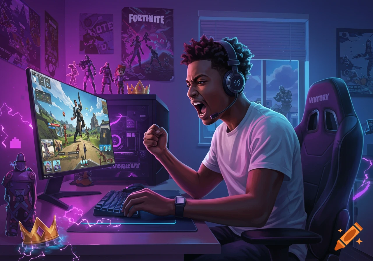 An excited young man with headphones, playing Fortnite on a PC in a purple-lit gaming room, raising his fist in celebration.