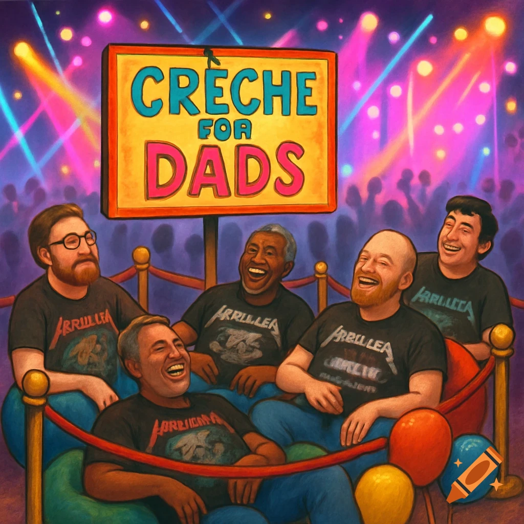 Illustrated scene of five dads in a roped-off 'Crèche for Dads' area at a concert, all laughing and wearing metal band t-shirts.