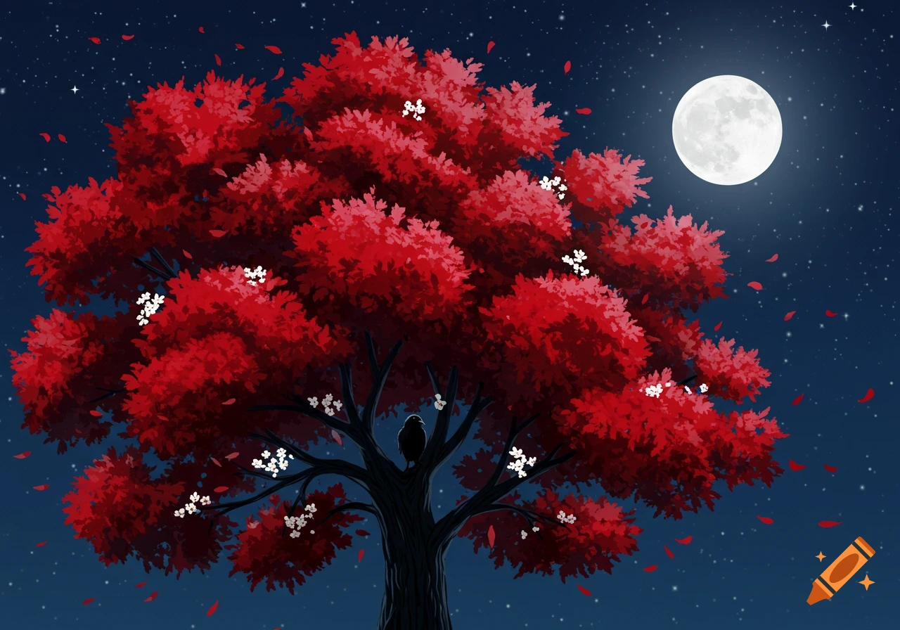 Stylized illustration of a red-leafed tree with white flowers, a crow, full moon, and stars at night.