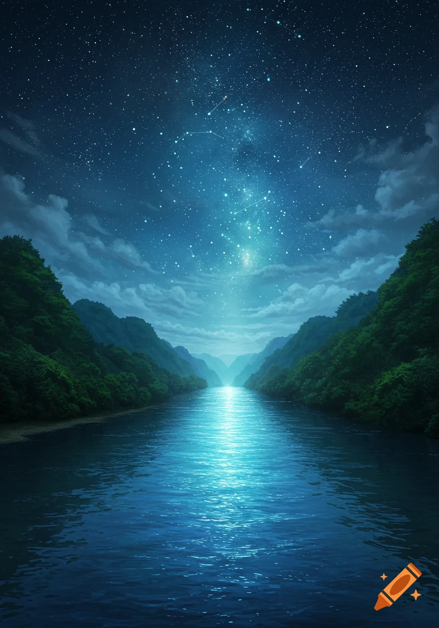 A serene night landscape featuring a calm river reflecting a vibrant, star-filled blue sky, flanked by tree-covered mountains.