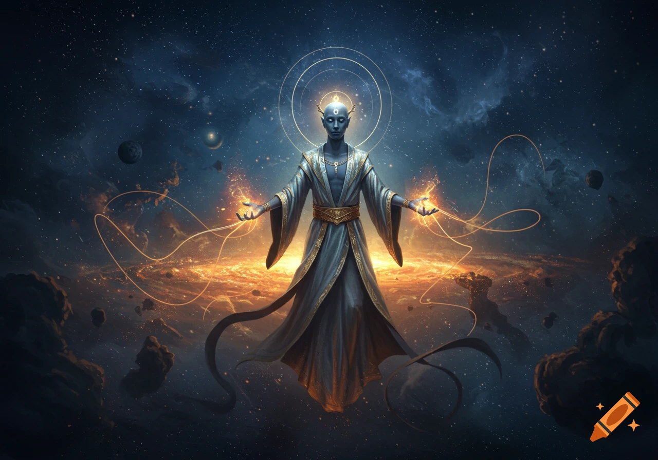 A blue-skinned god-like figure with a halo and flowing robes stands in a cosmic void with a swirling galaxy.