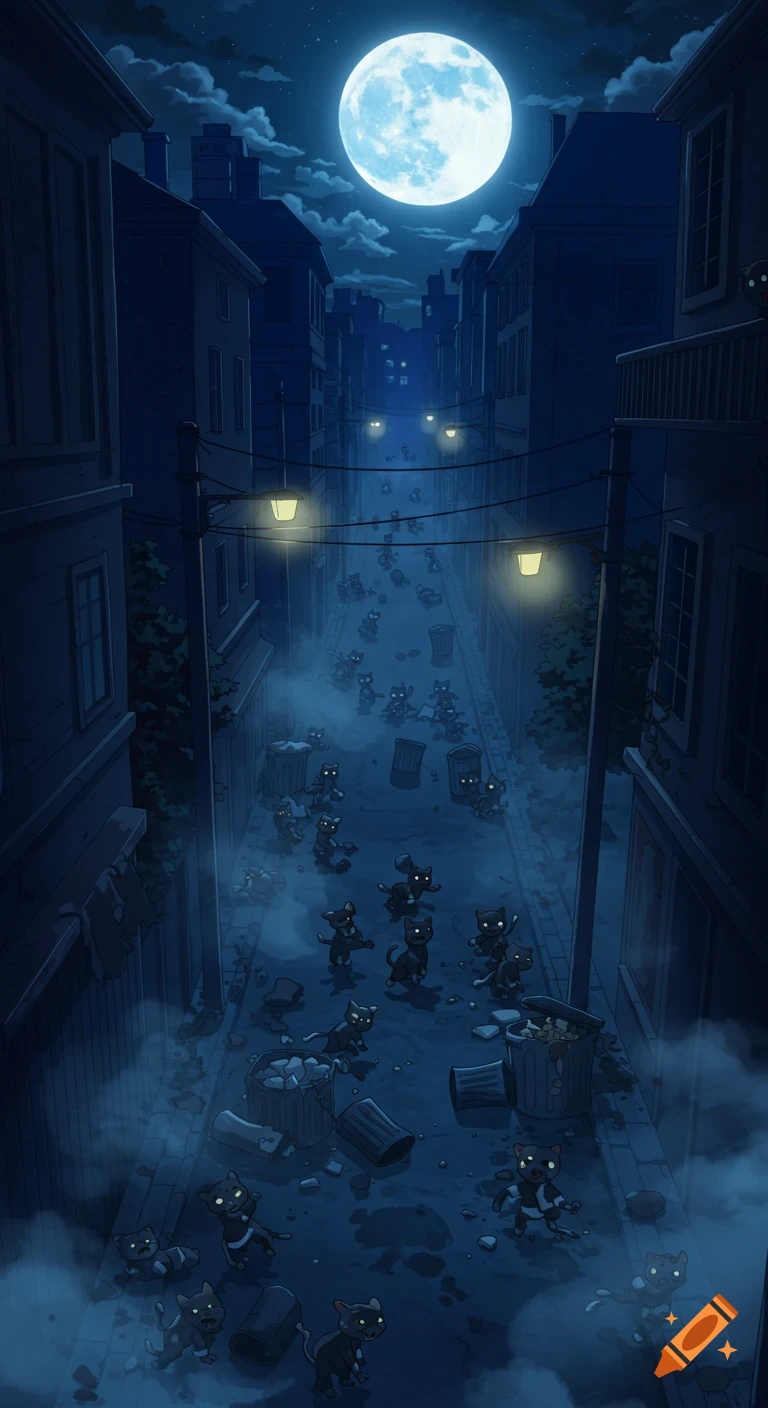 Anime scene of numerous zombie cats with glowing eyes wreaking havoc in a dark, misty city alley under a bright full moon.