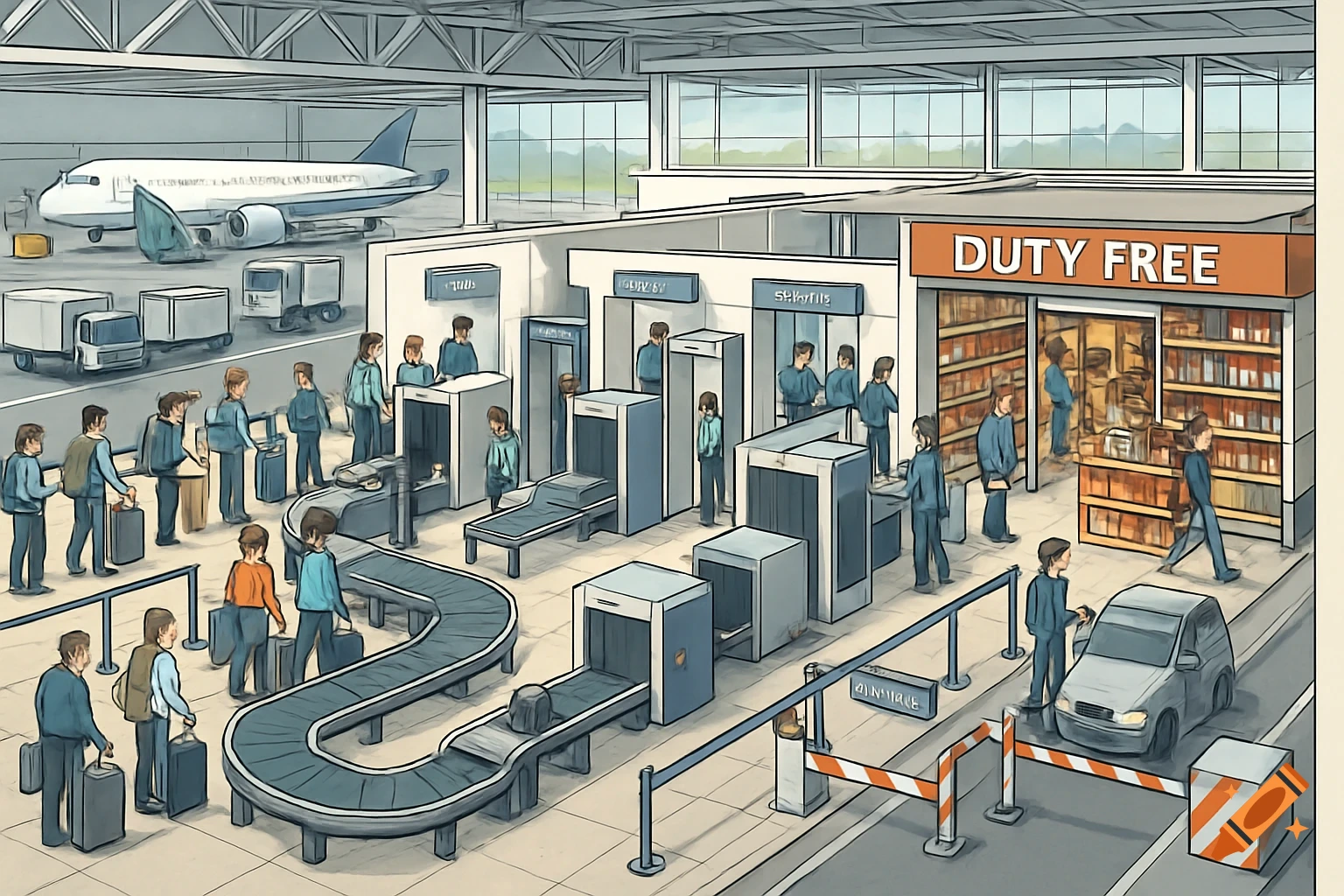 An illustrated overhead view of a bustling airport terminal, showing security checkpoints, baggage processing, a duty-free shop, and a parked airplane outside.