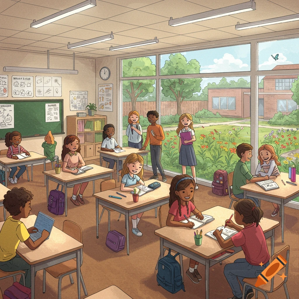 Illustration of diverse students in a bright classroom with large windows, some at desks, others interacting, overlooking a garden.